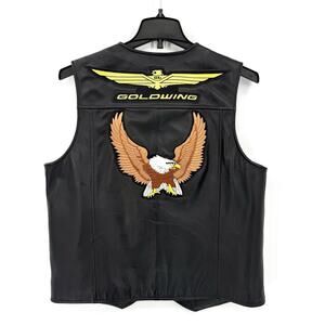 Wilsons Black Leather Biker Vest LARGE w/Patches US Navy Goldwing Eagle Veteran